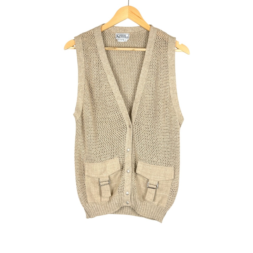 Vintage 70s Crochet Sweater Vest L Tan Button Front Cargo Pocket Utility Retro